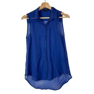 H&M Royal Blue Collared Chiffon Button Down Sleeveless Top 2
